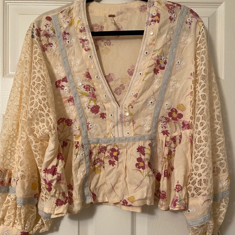 Free People Ivory Floral Blouse